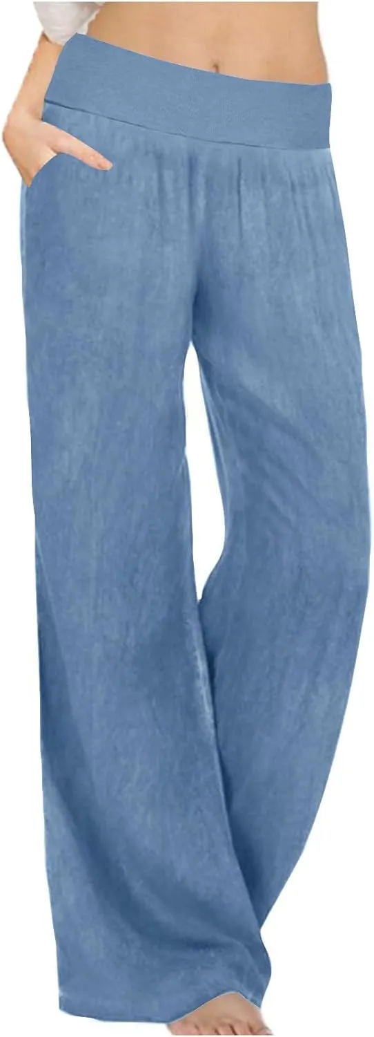 Women's Solid Wide Leg Pants Casual Elastic High Waist Joggers Straight Workout Sport Trousers Gym Pant with Pocket