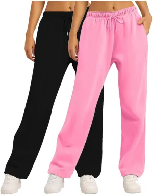 Women's Wide Leg Sweatpants Loose Drawstring Waist Yoga Joggers Baggy Solid Straight Leg Lounge Pants with Pockets