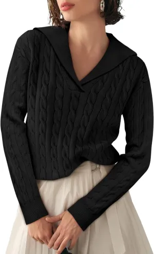 Yousify Womens Sweaters Trendy Casual Lapel Collared V Neck Tops Long Sleeve Polo Shirts 2024 Fall Cable Knit Sweater
