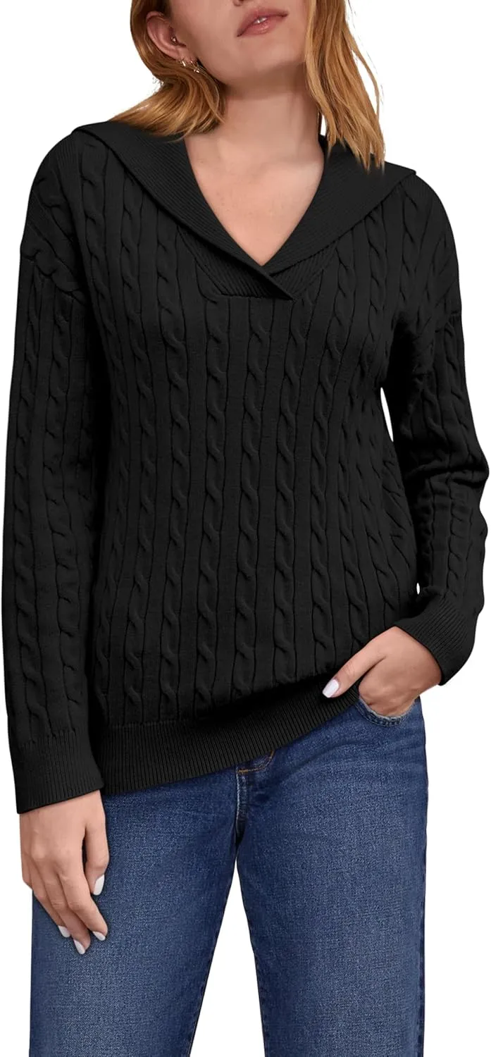 Yousify Womens Sweaters Trendy Casual Lapel Collared V Neck Tops Long Sleeve Polo Shirts 2024 Fall Cable Knit Sweater