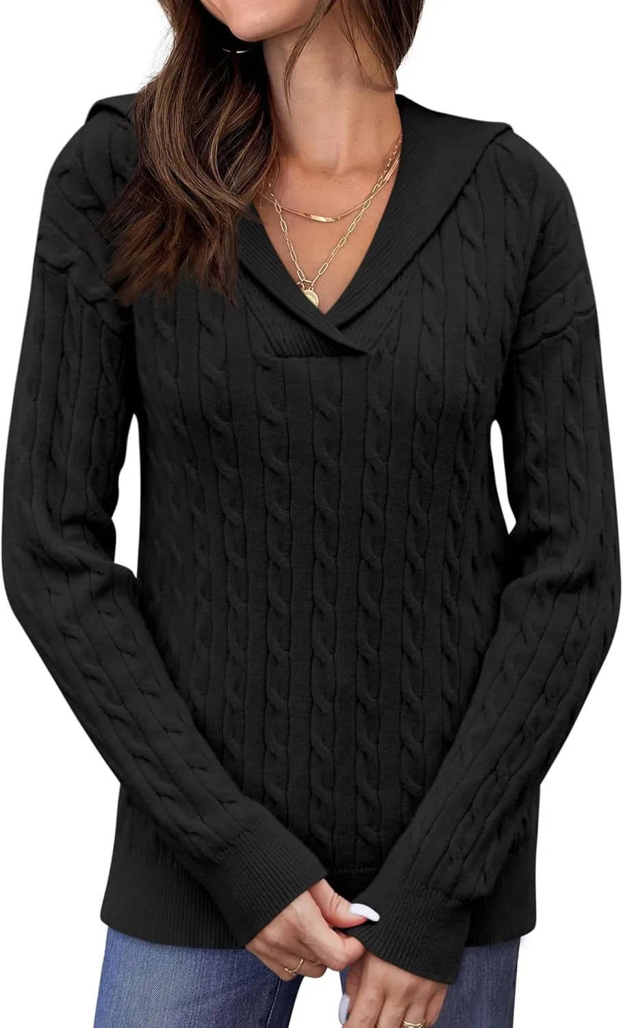 Yousify Womens Sweaters Trendy Casual Lapel Collared V Neck Tops Long Sleeve Polo Shirts 2024 Fall Cable Knit Sweater