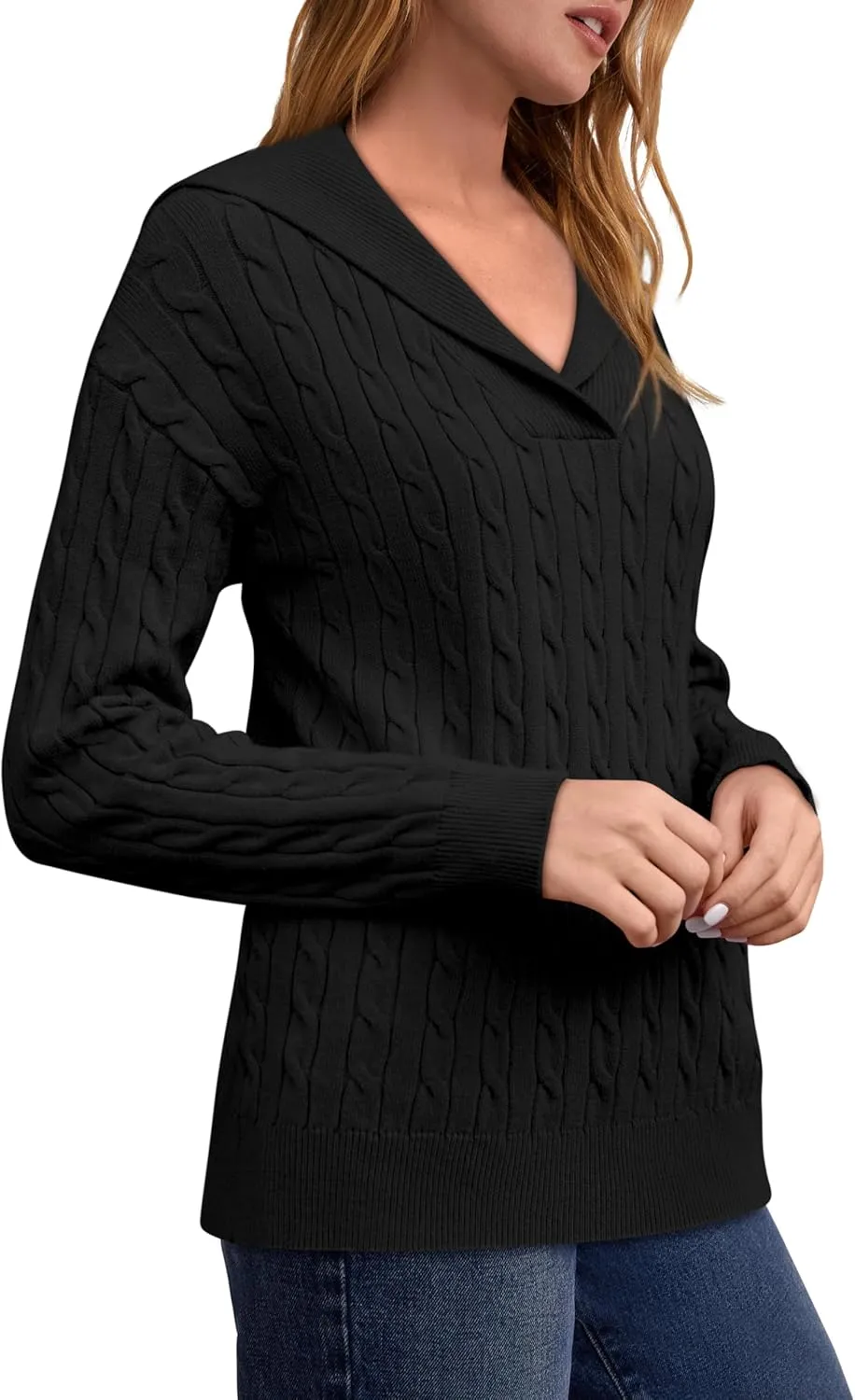 Yousify Womens Sweaters Trendy Casual Lapel Collared V Neck Tops Long Sleeve Polo Shirts 2024 Fall Cable Knit Sweater
