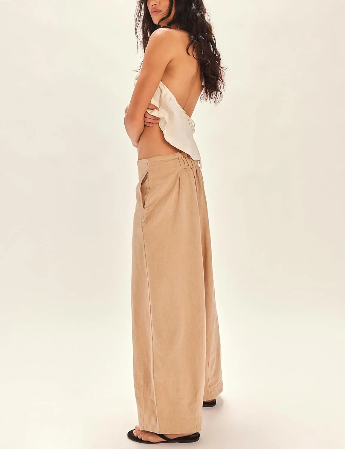 Zhiyouni Women's Cotton Linen Palazzo Pants Summer Casual Wide Leg High Waisted Trousers
