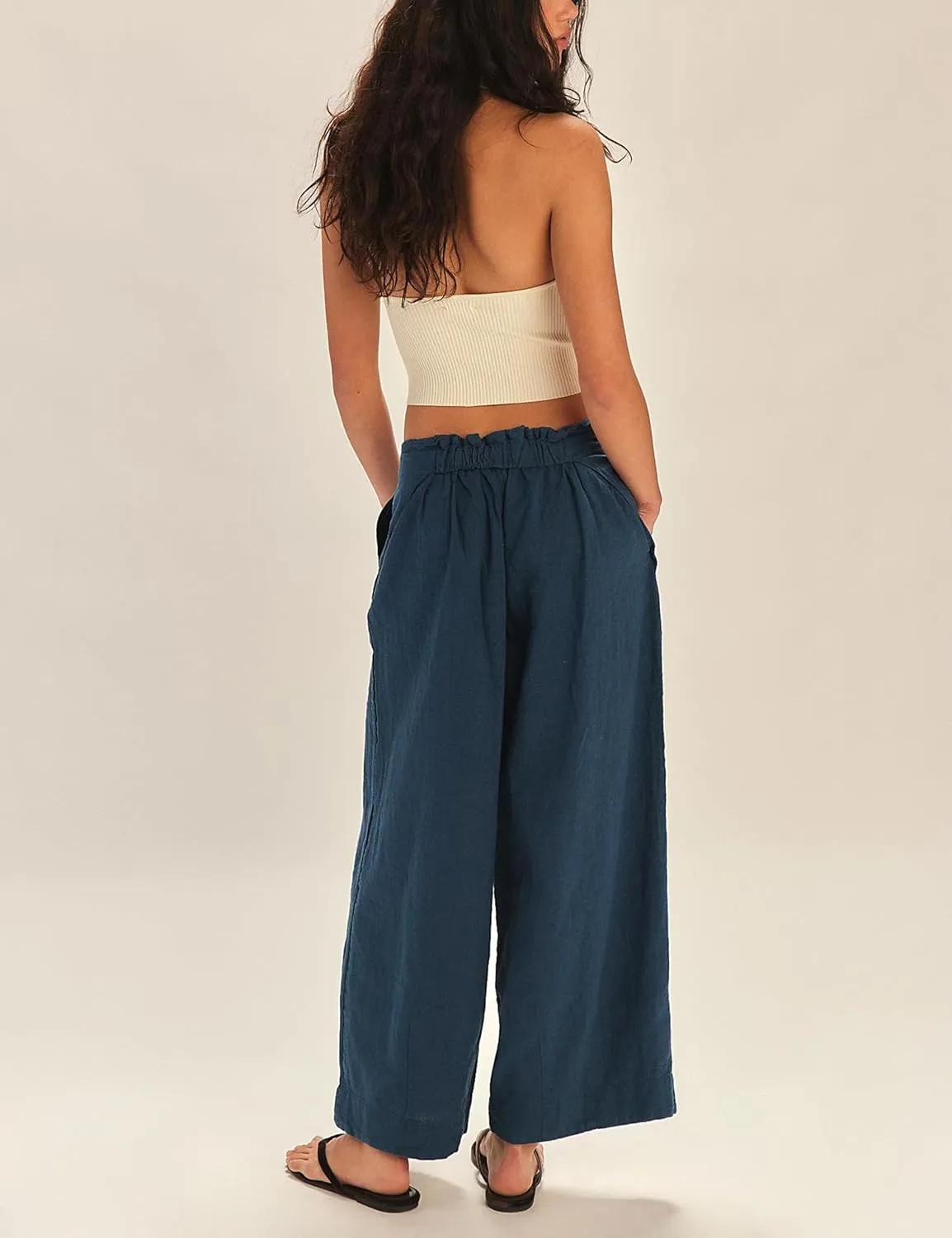 Zhiyouni Women's Cotton Linen Palazzo Pants Summer Casual Wide Leg High Waisted Trousers