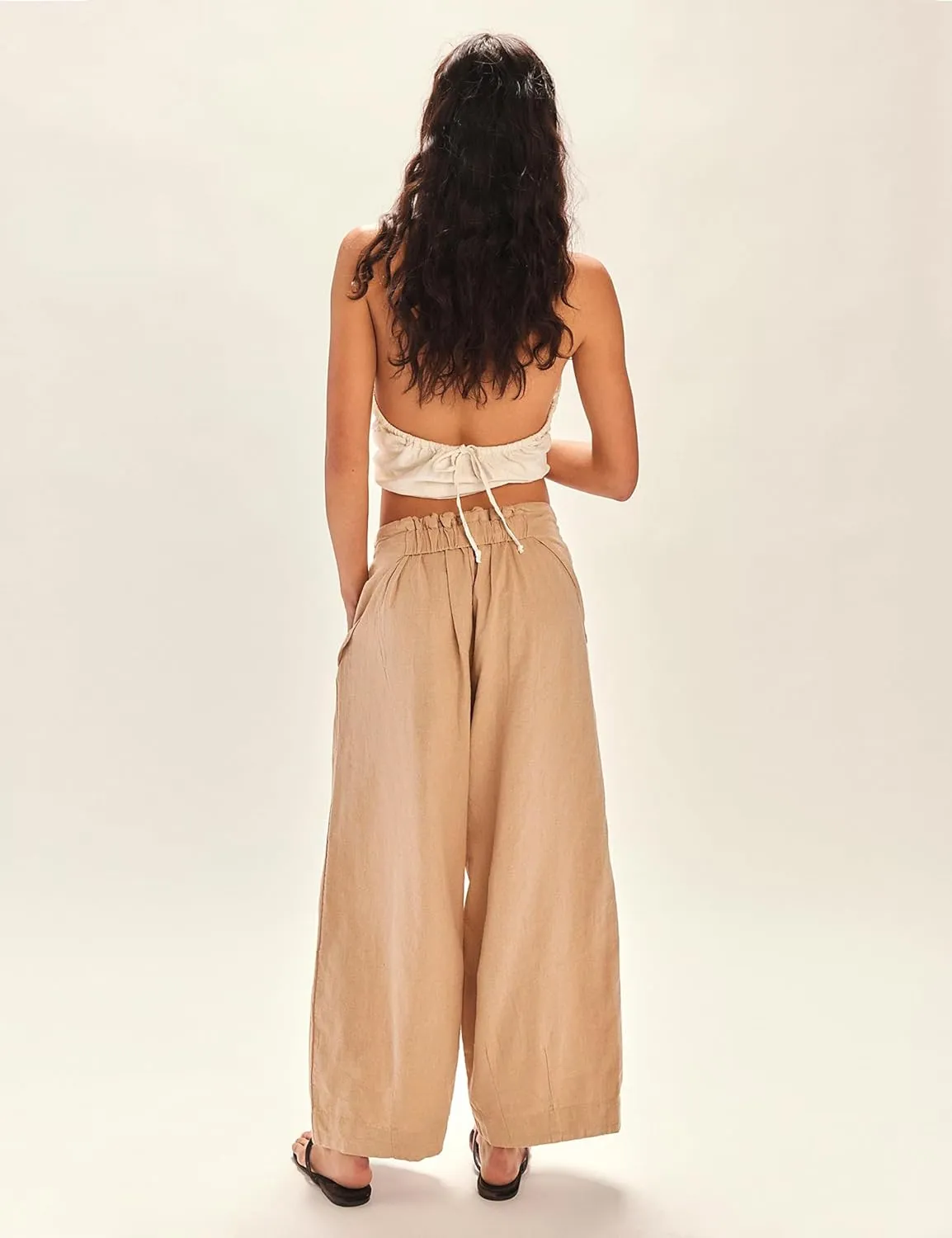Zhiyouni Women's Cotton Linen Palazzo Pants Summer Casual Wide Leg High Waisted Trousers