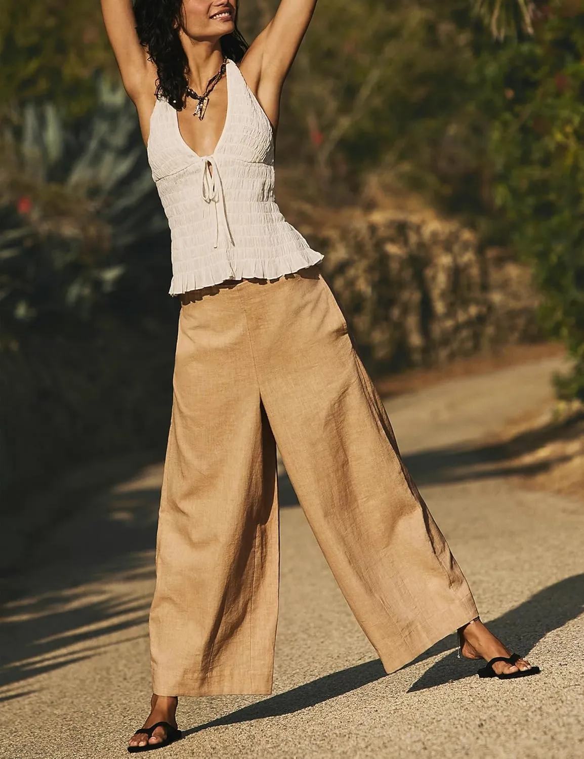 Zhiyouni Women's Cotton Linen Palazzo Pants Summer Casual Wide Leg High Waisted Trousers